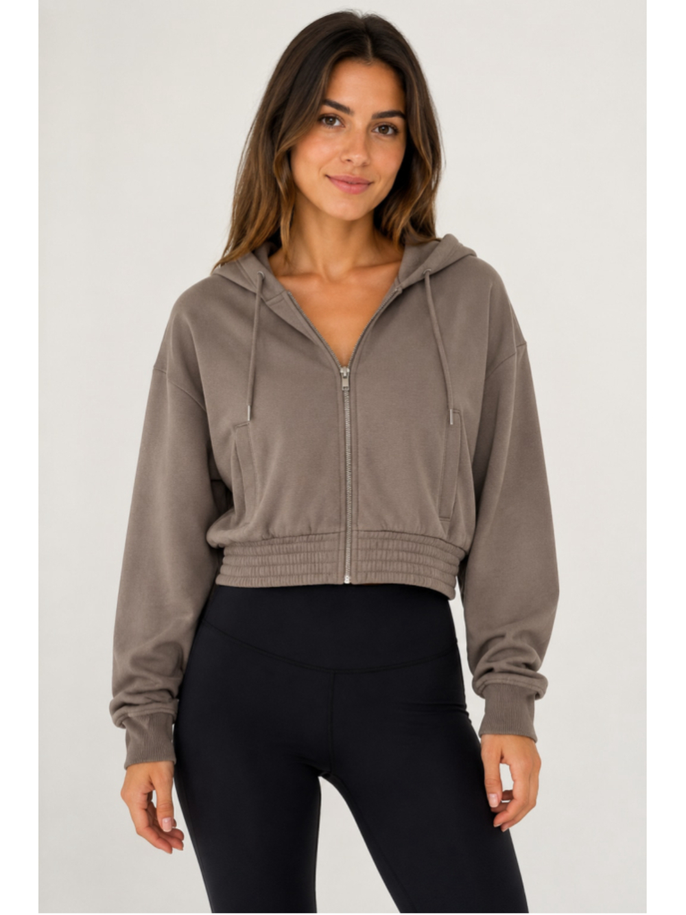 Women's ease of motion Brown Cropped Zip-Up Hoodie Size M
